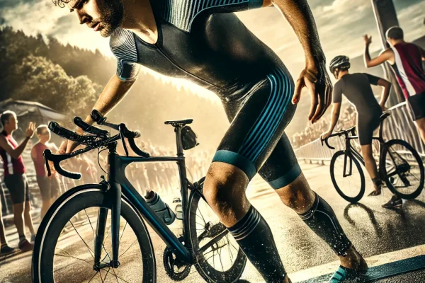 DALL·E 2025-03-18 00.52.39 - A dynamic image of a triathlon race in progress. The athlete is transitioning from the swimming segment to the cycling segment, wearing a wetsuit and