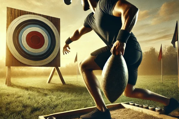 DALL·E 2025-03-18 00.53.32 - A dynamic image of a Trugo game in action. An athlete is preparing to launch a heavy ball using a traditional throwing technique. The scene takes plac