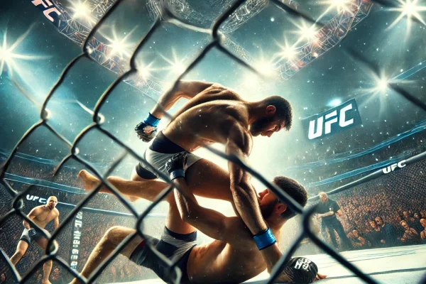 DALL·E 2025-03-18 00.55.06 - A dynamic image of a UFC fight in action inside the octagon. Two fighters, wearing mixed martial arts gear, are engaged in an intense combat, with one