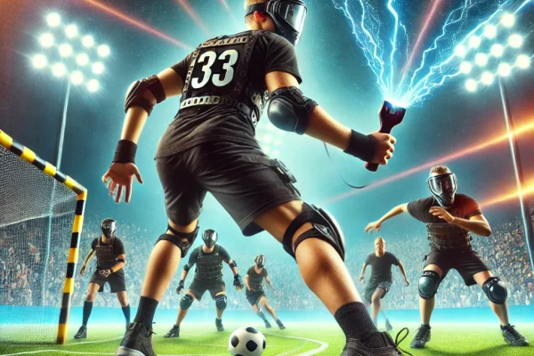 DALL·E 2025-03-18 00.57.22 - A dynamic image of an Ultimate Tazer Ball game in action. Two teams of athletes are competing on a large field, trying to score goals while dodging ea