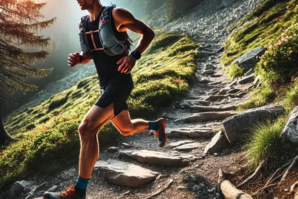 DALL·E 2025-03-18 00.58.36 - A dynamic image of an ultramarathon runner racing through a rugged trail. The athlete is focused and determined, running up a steep mountain path, wit