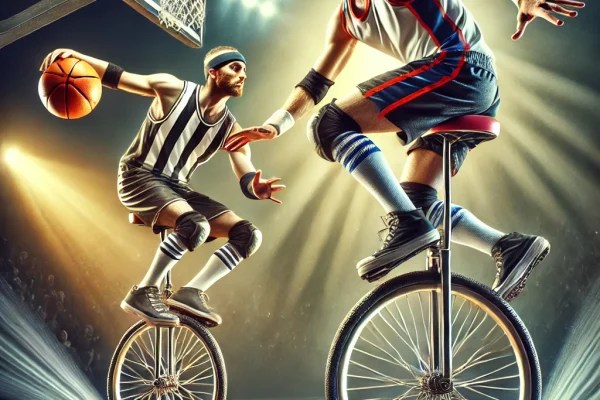 DALL·E 2025-03-18 01.00.03 - A dynamic image of a Unicycle Basketball game in action. Two athletes, each riding a unicycle, are competing on a basketball court. One player is drib