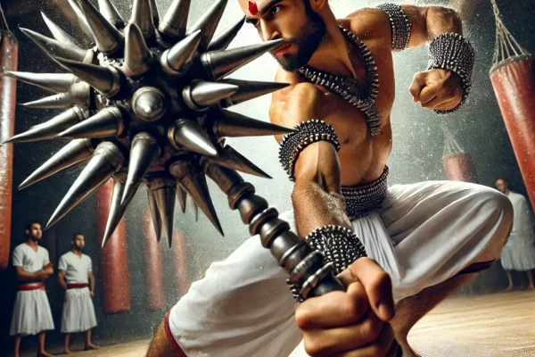 DALL·E 2025-03-18 01.01.30 - A dynamic image of an athlete practicing Vajra-Mushti, an ancient Indian martial art using a special weapon known as Vajra-Mushti, a fist weapon with