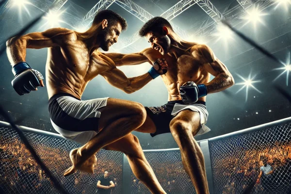 DALL·E 2025-03-18 01.03.12 - A dynamic image of a Vale Tudo fight in action. Two fighters are engaged in a brutal and intense battle inside a cage, showcasing various martial arts
