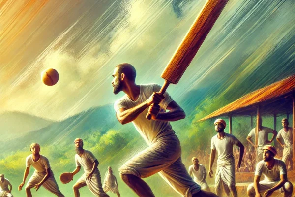 DALL·E 2025-03-18 12.59.59 - A dynamic image of a Varpa game being played in an open field. One player is about to strike a ball with a large wooden bat, while the other players a