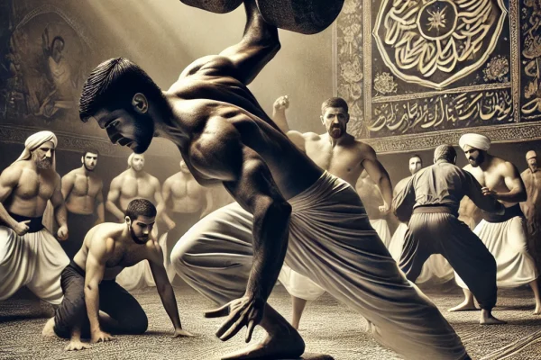 DALL·E 2025-03-18 13.01.18 - A dynamic image of athletes practicing Varzesh-e Pahlavani, the traditional Persian martial art. The scene takes place in a traditional 'zurkhaneh' tr