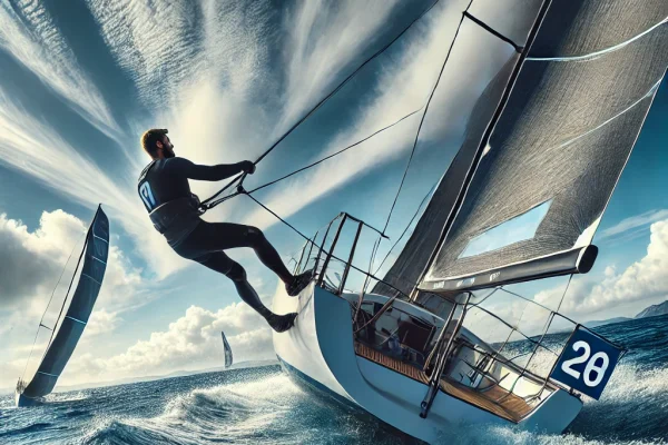 DALL·E 2025-03-18 13.02.15 - A dynamic image of a sailboat racing in the open sea. The athlete is skillfully controlling the sails, using the wind to propel the boat forward at hi