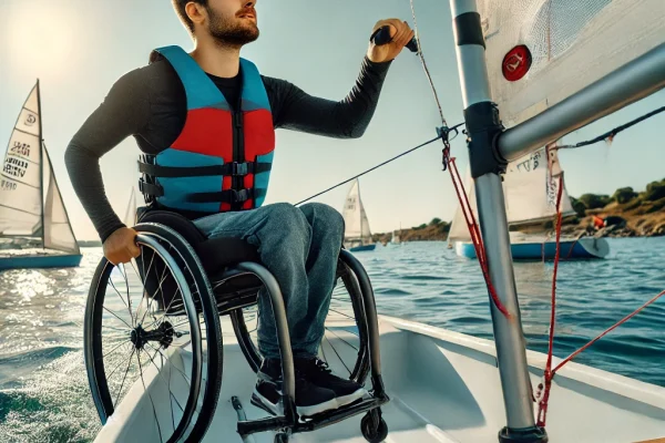 DALL·E 2025-03-18 13.03.48 - A dynamic image of a person with a disability practicing adapted sailing on a small sailboat. The athlete is navigating the boat with ease, adjusting