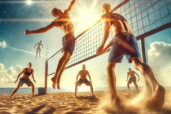 DALL·E 2025-03-18 13.07.18 - A dynamic image of a beach volleyball match in action. Two players are competing on a sandy court, with one athlete jumping high to spike the ball ove
