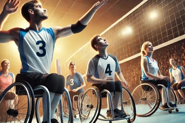 DALL·E 2025-03-18 13.15.24 - A dynamic image of a seated volleyball match in action. Two teams of athletes with disabilities are competing on a smaller court, sitting on the floor