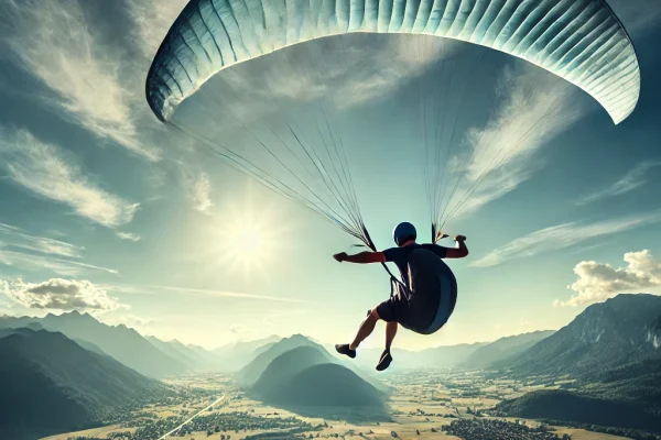 DALL·E 2025-03-18 13.16.19 - A dynamic image of a person practicing free flight, soaring through the sky with a paraglider. The athlete is floating above a scenic landscape, with