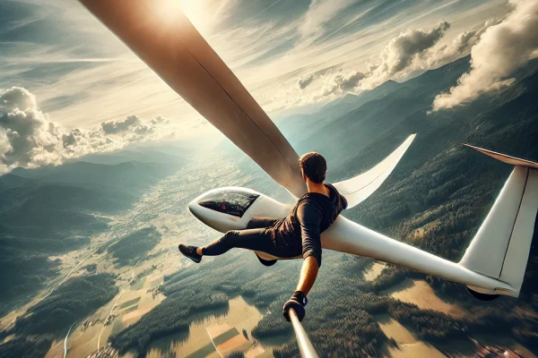 DALL·E 2025-03-18 13.17.33 - A dynamic image of a glider soaring through the sky, with the pilot flying without an engine, relying solely on the wind and thermal currents. The gli