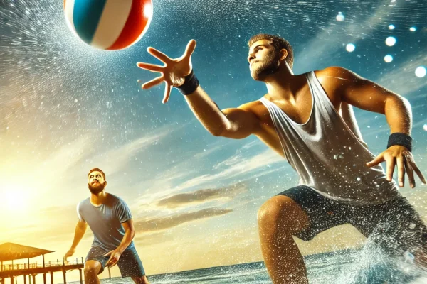 DALL·E 2025-03-18 13.19.39 - A dynamic image of a Waboba game being played on a beach. Two players are tossing the ball, which bounces off the surface of the water, while they try