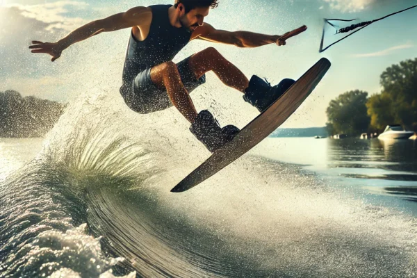 DALL·E 2025-03-18 13.20.32 - A dynamic image of a wakeboarder performing a jump over the water. The athlete is riding a wakeboard, being pulled by a boat, with the water splashing