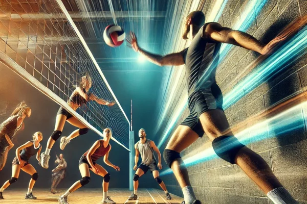 DALL·E 2025-03-18 13.21.18 - A dynamic image of a Wallyball game in action. Two teams of athletes are playing on a court, with one player preparing to hit the ball off the wall, w