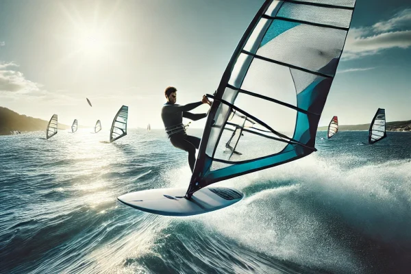DALL·E 2025-03-18 13.35.42 - A dynamic image of a windsurfer gliding across the water with the sail catching the wind. The athlete is riding a wave, performing a graceful maneuver