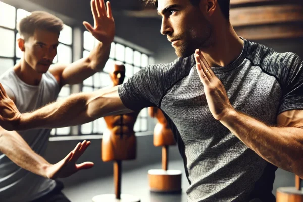 DALL·E 2025-03-18 14.03.35 - A dynamic image of two athletes practicing Wing Chun, the traditional Chinese martial art. One athlete is performing a rapid punch, while the other is