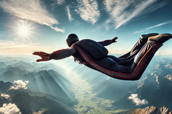 DALL·E 2025-03-18 14.04.49 - A dynamic image of an athlete performing a wingsuit jump in the sky. The person is soaring through the air, wearing a wingsuit with arms and legs exte
