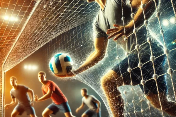 DALL·E 2025-03-18 14.05.50 - A dynamic image of a Wireball game in action. Two teams of athletes are competing on a court, with the players passing a ball through a unique wire ne