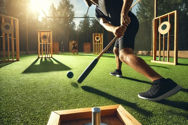 DALL·E 2025-03-18 14.08.35 - A dynamic image of a Woodball game being played on a green field. One player is about to strike the ball with a wooden stick, aiming to pass it throug
