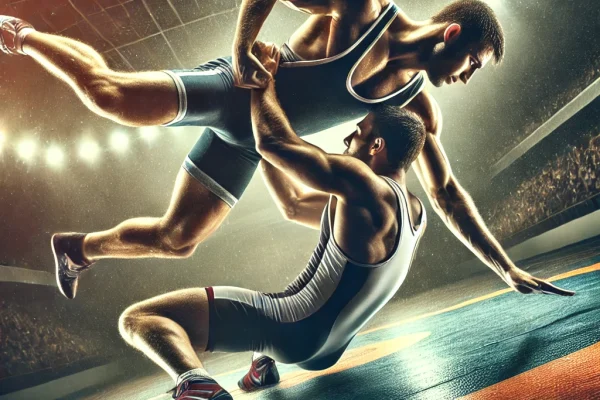 DALL·E 2025-03-18 14.09.52 - A dynamic image of two athletes engaged in a wrestling match on a mat. One wrestler is attempting to take down the other with a powerful move, while t