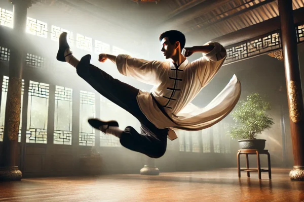 DALL·E 2025-03-18 14.11.49 - A dynamic image of a Wushu practitioner performing an elegant and powerful Taolu sequence. The athlete is executing a high kick with fluid motion, sho