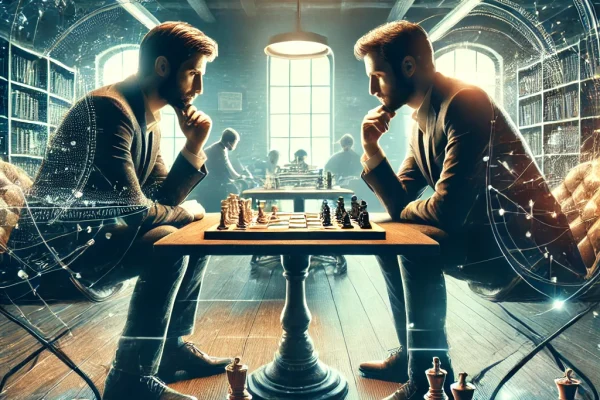 DALL·E 2025-03-18 14.28.12 - A dynamic image of a chess match in progress. Two players are seated across from each other at a chessboard, deeply focused on their next move. The bo