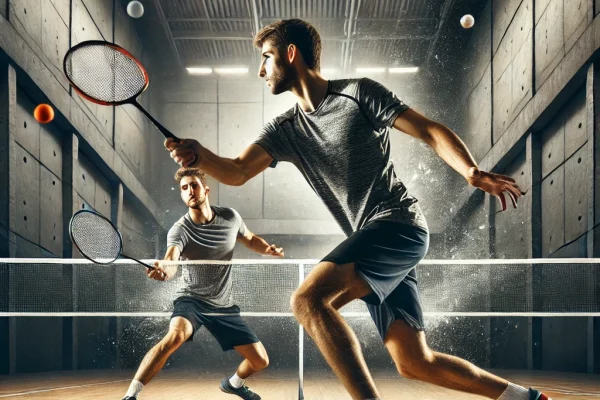 DALL·E 2025-03-18 14.30.10 - A dynamic image of a Xare match being played on a traditional court. Two players are using rackets to hit the ball back and forth, with the ball in mi