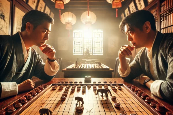 DALL·E 2025-03-18 14.31.08 - A dynamic image of a Xiangqi match in progress. Two players are seated across from each other, deeply focused on the game as they move their pieces ac