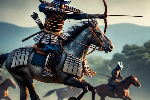 DALL·E 2025-03-18 14.34.20 - A dynamic image of a Yabusame archer riding a horse at full speed, aiming and shooting a bow while galloping across an open field. The archer is weari