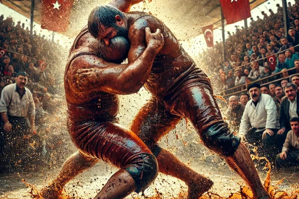 DALL·E 2025-03-18 14.35.21 - A dynamic image of a Yağlı Güreş match in action. Two wrestlers, covered in oil, are engaged in a traditional Turkish wrestling contest, trying to ove