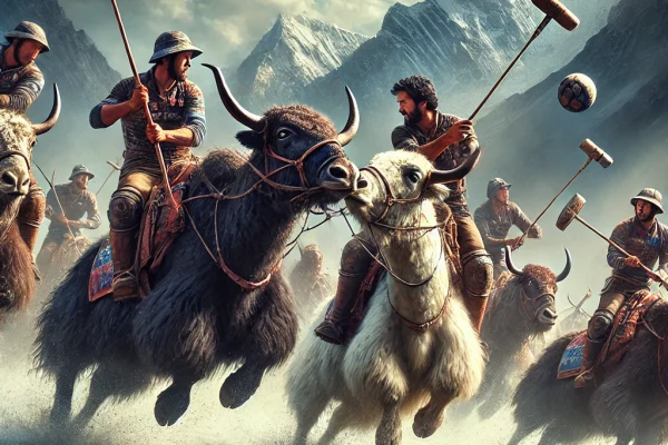 DALL·E 2025-03-18 14.37.10 - A dynamic image of a Yak Polo match in progress. Two teams of players are riding yaks, with each player using a mallet to hit a ball towards the goal