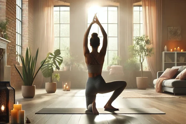 DALL·E 2025-03-18 14.38.35 - A serene and peaceful image of a person practicing Yoga in a calm and tranquil environment. The individual is performing a complex yoga pose, such as