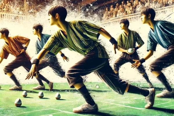 DALL·E 2025-03-18 14.42.47 - An artistic depiction of Yotsudama, a traditional Japanese sport. The image shows four athletes in action on a marked court, engaging in a dynamic tea