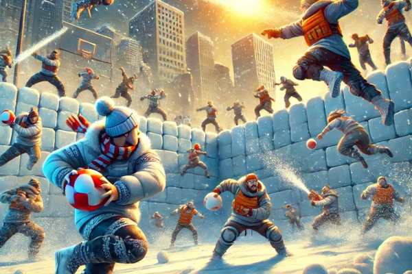 DALL·E 2025-03-18 14.44.03 - A dynamic image of a Yukigassen match in progress. Two teams are engaged in an exciting snowball fight, with players wearing winter gear and throwing