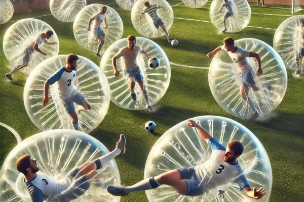 DALL·E 2025-03-18 14.45.17 - A dynamic image of a Zorb Football match in action. Players are inside large inflatable spheres, rolling and colliding as they try to score goals. The