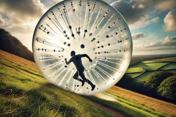 DALL·E 2025-03-18 14.46.43 - A dynamic image of a person inside a zorb ball, rolling down a hill. The zorb is a large transparent inflatable sphere, and the person is inside, expe