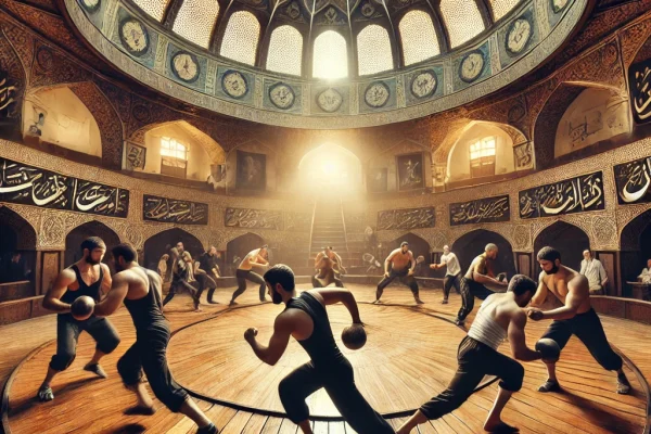 DALL·E 2025-03-18 14.47.41 - A dynamic image of athletes practicing in a Zourkhaneh, the traditional Iranian house of strength. The athletes are performing exercises with traditio