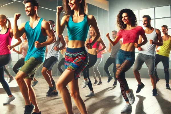 DALL·E 2025-03-18 14.50.07 - A dynamic image of a Zumba class in session. A group of participants is dancing energetically to upbeat Latin and international music. The instructor