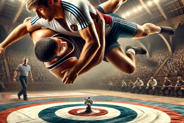 DALL·E 2025-03-19 12.23.10 - A dynamic image of a Gouren match in progress, featuring two athletes in traditional Breton wrestling attire. The wrestlers are engaged in a battle, u