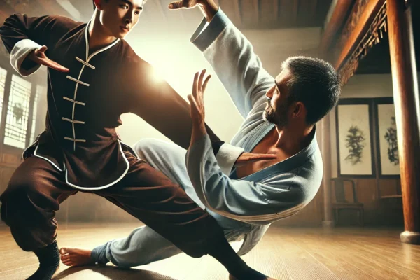 DALL·E 2025-03-19 12.41.26 - A dynamic image of two athletes practicing Shuai Jiao, a traditional Chinese martial art focused on throws and wrestling techniques. The athletes are