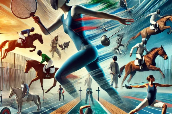 DALL·E 2025-03-20 10.00.31 - A dynamic image of a modern pentathlon competition. The athlete is transitioning between different events, including running, swimming, fencing, horse